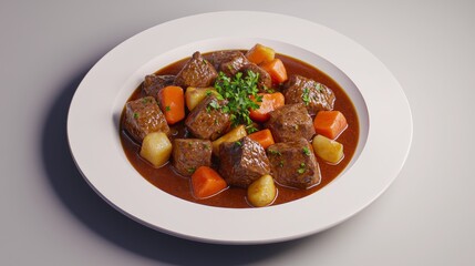 Hearty beef stew with vegetables served in a white bowl garnished with fresh herbs in a modern kitchen setting