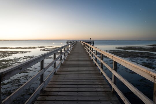 Fototapeta A long wooden pier stretches towards a tranquil sea at sunrise. The calm water reflects the pale sky. Low vegetation lines the shore.