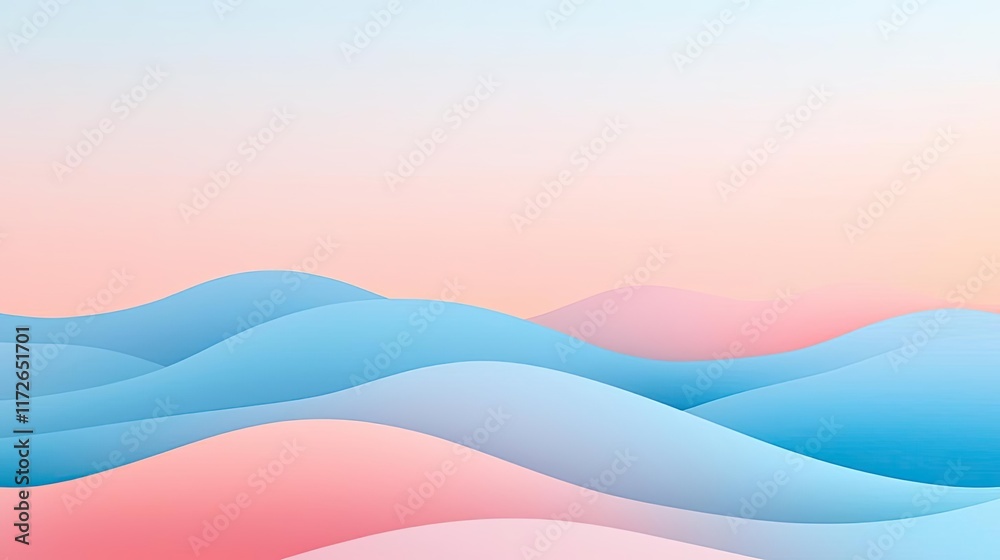Poster Minimal skies concept. Abstract wave patterns in soft hues of blue and pink creating a calming visual effect.