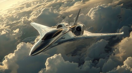 Futuristic Silver Jet Airplane Flying Above Clouds in Golden Light