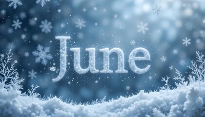 Elegant Minimalistic Winter Design Featuring the Word June in Frosty Bold Lettering Surrounded by Soft Snowflakes and Winter-Themed Elements