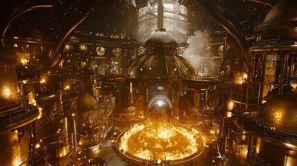 Futuristic industrial environment with fire surrounded by metallic structures during a nighttime setting