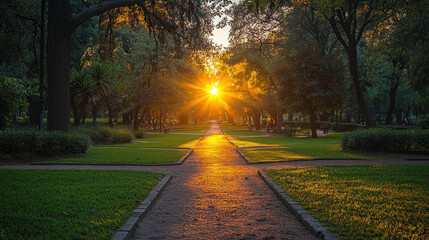 Sunset shining through trees on path in park, benches, greenery, peaceful
