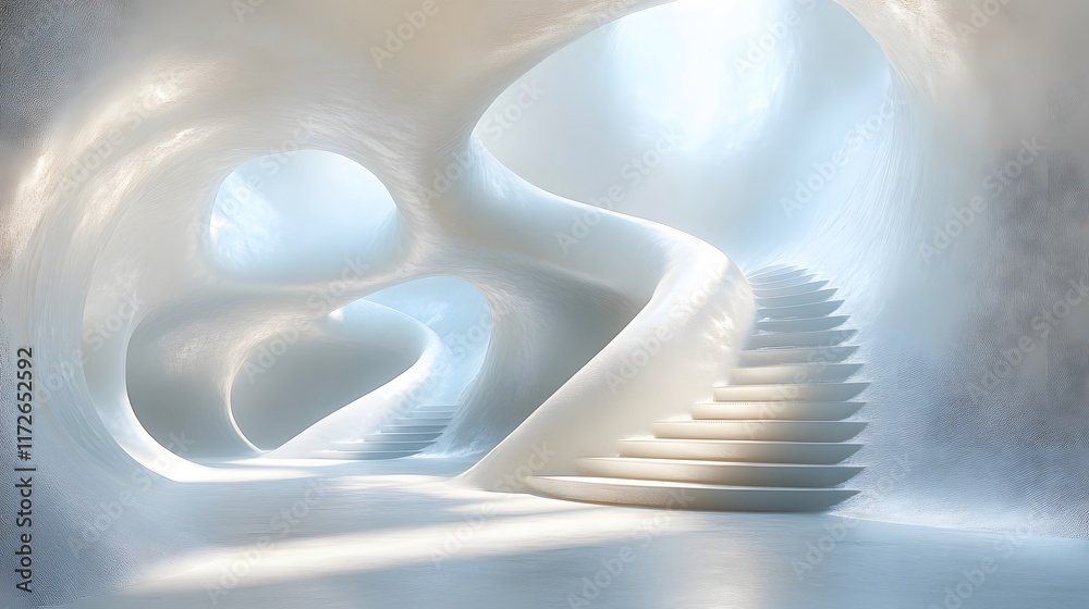 Poster abstract black and white backgrounds. a surreal, white, organic architectural staircase design. clea