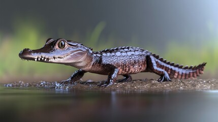 Naklejka premium A detailed view of a crocodile-like creature on a shore.
