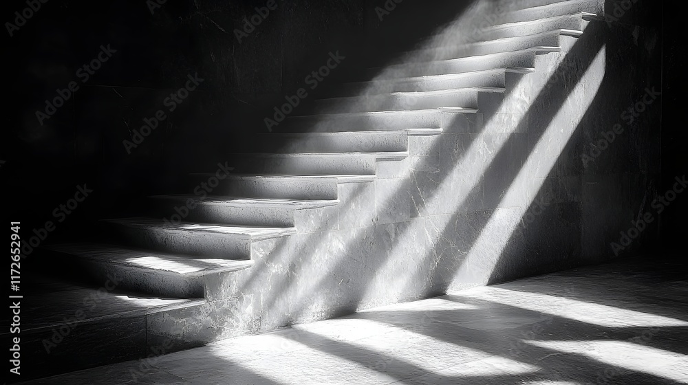 Poster abstract black and white backgrounds. sunbeams illuminate a stairway's stone steps, creating strikin