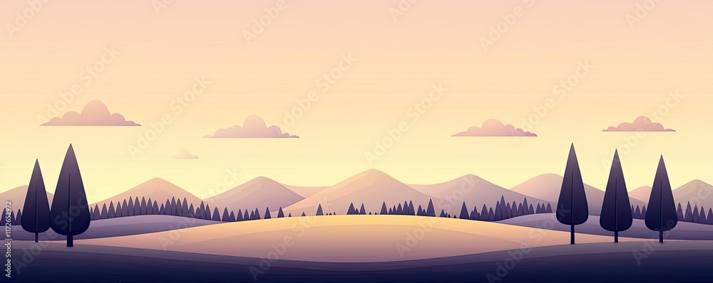 Poster minimal skies concept. a tranquil landscape featuring rolling hills and stylized trees under a paste