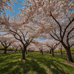 Fototapeta premium A grove of cherry blossoms in full bloom during a soft spring breeze.