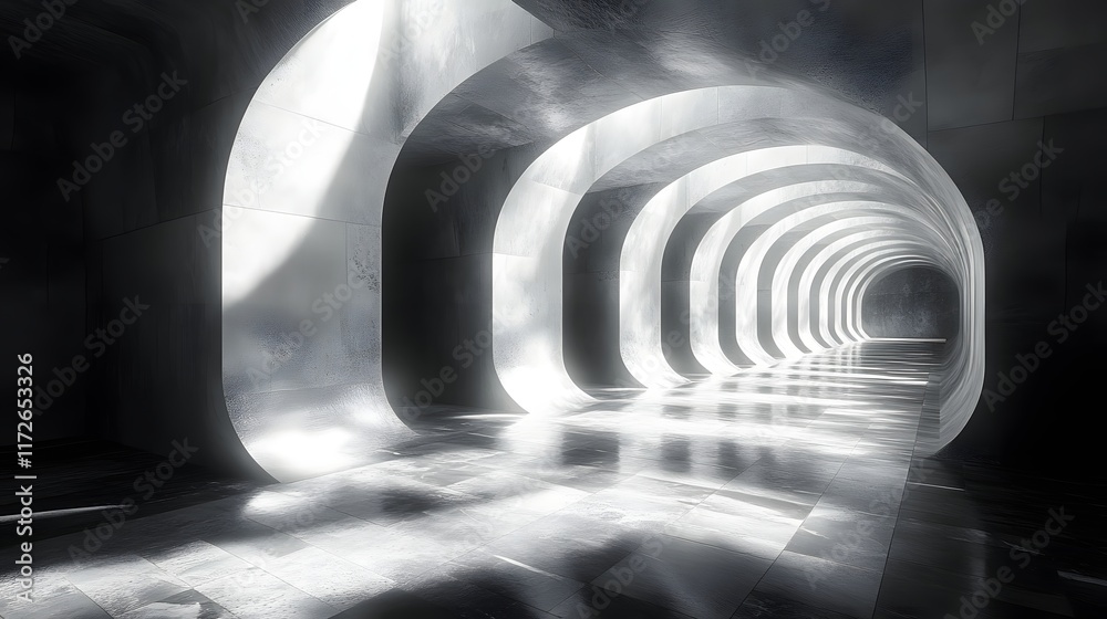 Poster Abstract Black and White Backgrounds. A captivating image showcasing a modern architectural tunnel. The interplay of light and shadow creates a mesmerizing effect in this abstract design.