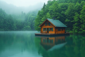 Fototapeta premium Tranquil log cabin on calm waters in misty forest setting