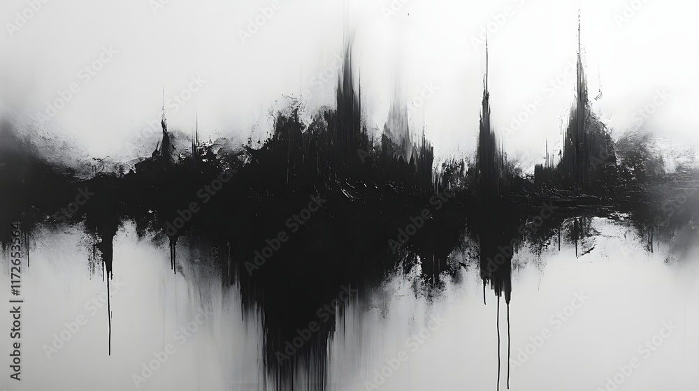 Poster abstract black and white backgrounds. a grayscale abstract painting depicting a city reflected in wa