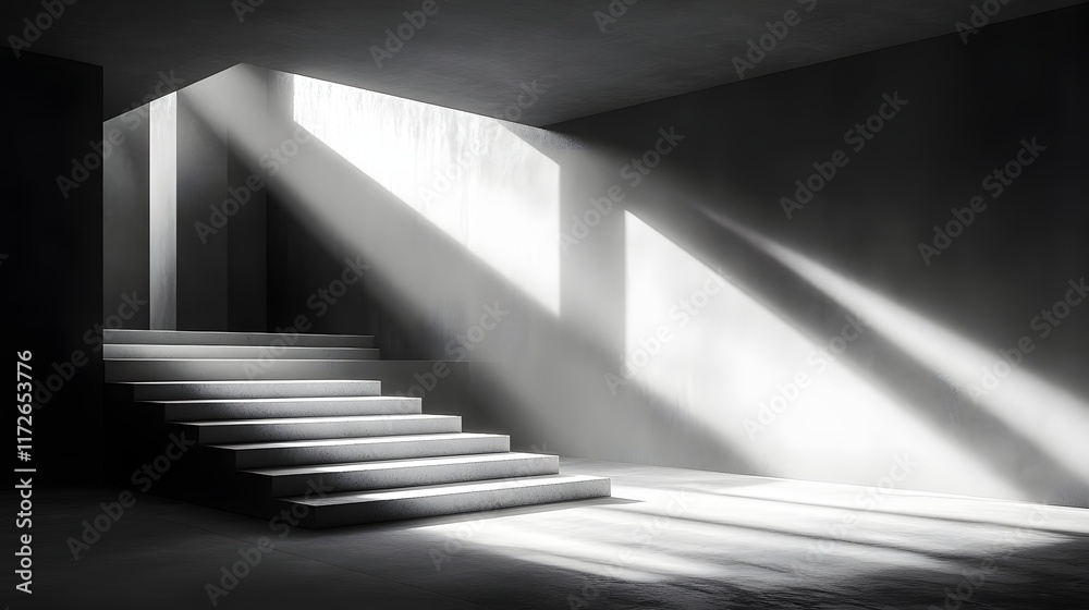 Poster abstract black and white backgrounds. sunbeams stream through a high window, illuminating a minimali
