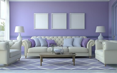 Fototapeta premium Lavender living room interior design, sofa, chairs, calm background. Home decor inspiration.
