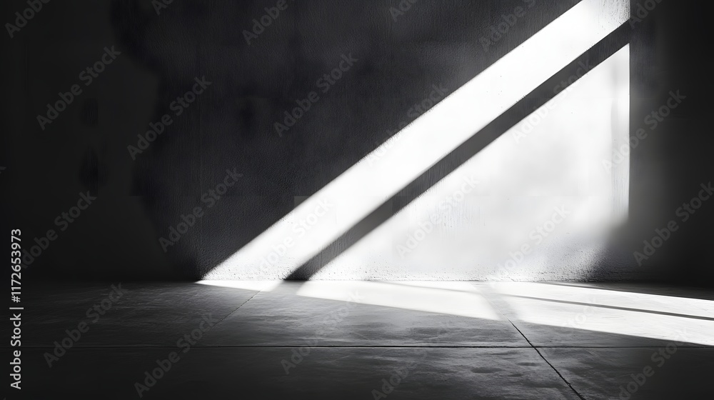 Poster Abstract Black and White Backgrounds. Sunlight streams into a minimalist room, creating dramatic light and shadow patterns on the concrete floor and walls. Abstract and stylish.