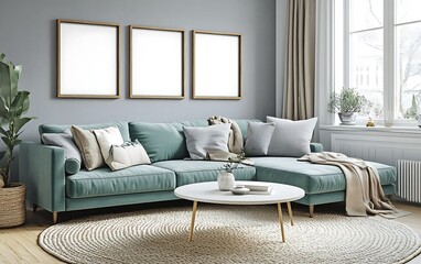 Modern living room interior design, cozy sofa, three empty frames, winter window view.