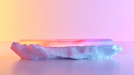 Fototapeta premium Colorful light reflecting on a crystal atop a textured stone against a pastel gradient background
