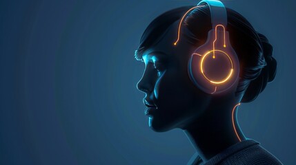 Woman Silhouette with Glowing Headphones on Dark Background