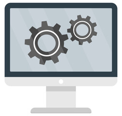 Computer monitor and gears icon isolated on white background.