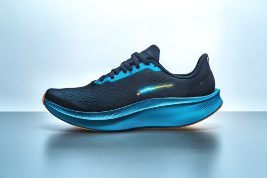 Modern running shoe in dynamic blue and black design featuring lightweight construction - Powered by Adobe