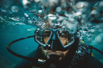 Beautiful diver goes on an underwater adventure in frighteningly deep blue sea, abstract vivid composition consists of fictional unreal fantastic vision on background