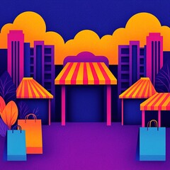 Voice Commerce Vibrant market scene with colorful tents and shopping bags against a bright, stylized city backdrop.