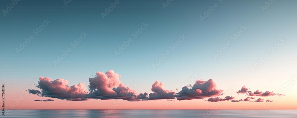 Poster minimal skies idea. serene sunset over calm waters with soft clouds and pastel colors reflecting in 