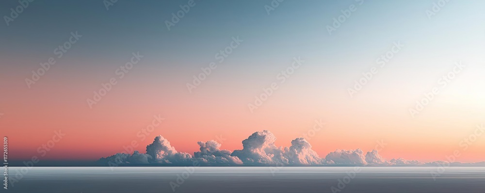 Poster minimal skies idea. serene landscape featuring soft clouds against a gradient sky at sunset.