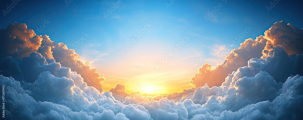 Poster minimal skies idea. a breathtaking view of a sunrise peeking through fluffy clouds in a serene sky.