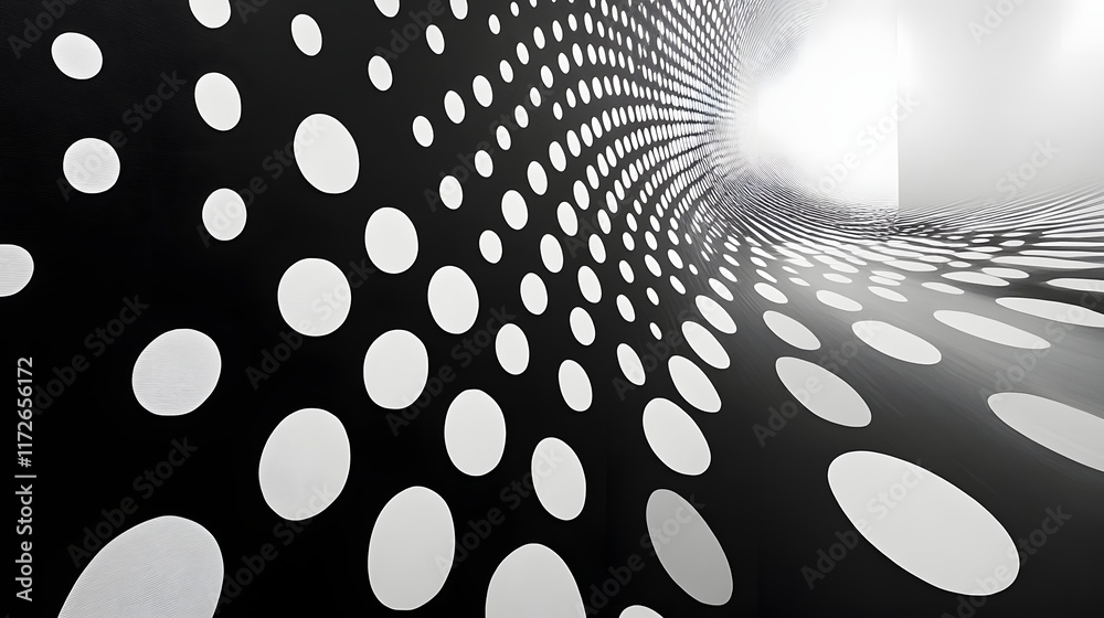Poster Abstract Black and White Backgrounds. A mesmerizing black and white abstract image showcasing a tunnel-like structure created by varying sized circles. The pattern is dynamic and has depth.