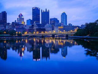Obraz premium Glowing city skyline reflected in the calm waters at dusk with tall buildings casting long shadows over the river