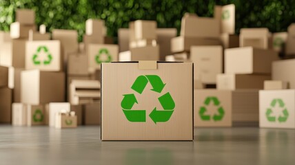 Sustainability, Eco friendly products and packaging. Cardboard boxes with recycling symbols in a green, eco-friendly setting.