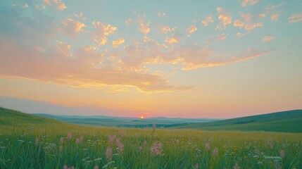 Minimal skies idea. A serene landscape featuring a vibrant sunset over lush green fields and pastel skies.