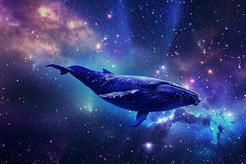 Naklejka premium Fantastically beautiful majestic huge whale in deep blue ocean, abstract vivid composition consists of fictional unreal fantastic vision on background