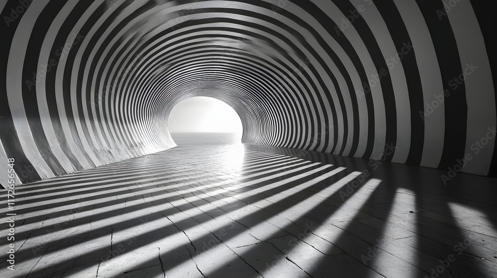 Poster Abstract Black and White Backgrounds. A mesmerizing black and white tunnel with hypnotic stripes leading to a bright exit. An illustration of abstract design and architecture.