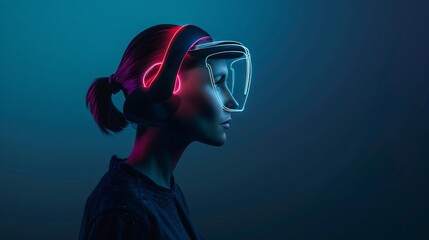 Futuristic Woman with Neon VR Headset and Dark Hair in Profile View