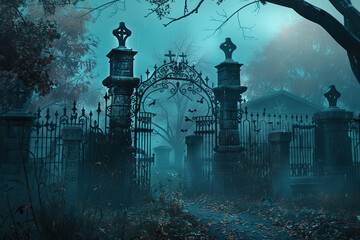 Fantastically mysterious cemetery with tombstones and terribly scary atmosphere, abstract vivid composition consists of fictional unreal fantastic vision on background