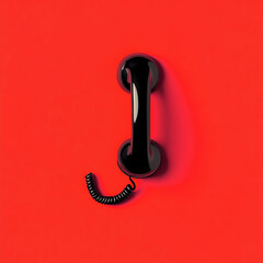 black retro-style telephone handset mounted on a bold red background, with its coiled cord elegantly hanging. The minimalistic and striking design symbolizes communication, urgency, or connection