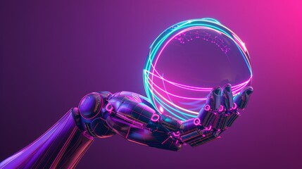 Robot Hand Holding Glowing Orb with Neon Lines