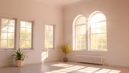 Fototapeta premium Sunshine streaming through a large picture window, highlighting soft pastel colors in the room.