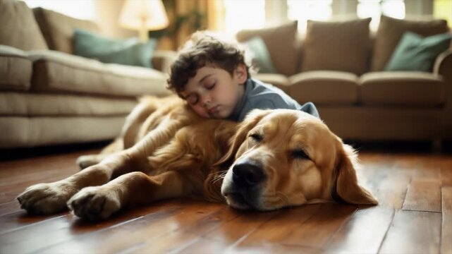 A cute and heartwarming sight. A lovable child sleeping on a dog. 02