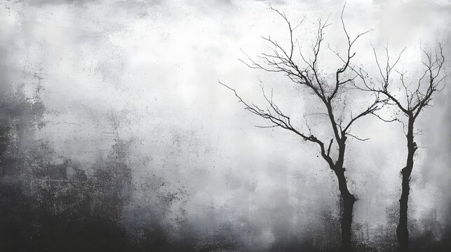 Abstract Black and White Backgrounds. Two stark, leafless trees stand silhouetted against a misty, textured sky. A grayscale image evokes a serene winter atmosphere.