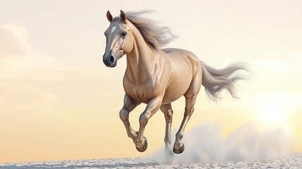 Fototapeta premium A majestic horse galloping across a sandy landscape at sunset.