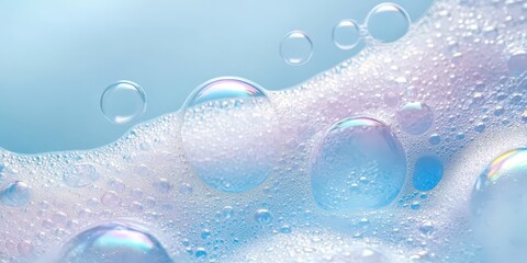 Close-Up of Colorful Soap Foam and Bubbles Created from Shampoo on a Soft Blue Background for Clean and Fresh Aesthetic Imagery