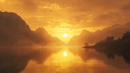 25. The sun setting on the horizon, casting golden hues across a tranquil lake, creating a serene...