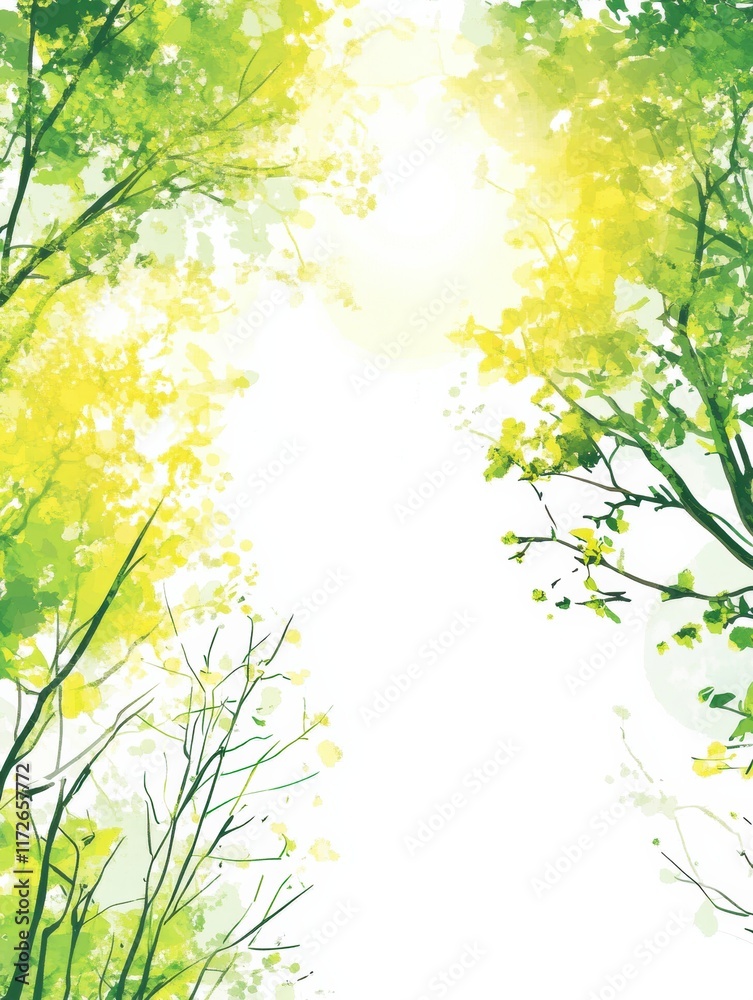 Poster bright sunlight filters through lush green trees in a vibrant playfully crafted doodle sketch. gener