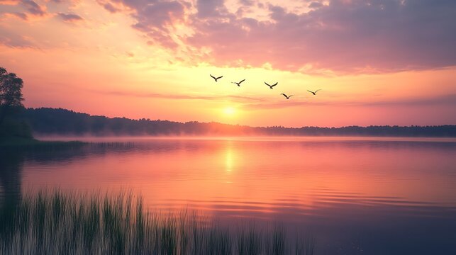 21. A beautiful sunset scene over a serene lake with birds flying in the distance, creating a sense of calm