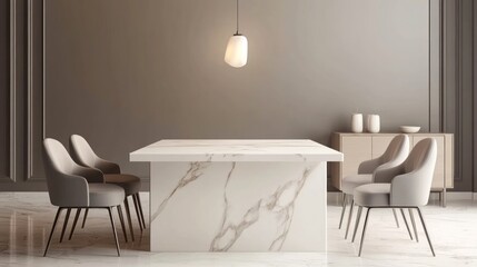 Modern dining room with marble table and gray chairs.