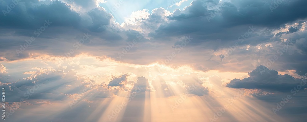 Poster minimal skies idea. beautiful sunlight breaking through fluffy clouds, creating a serene atmosphere.