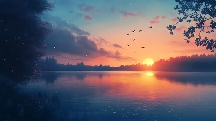 15. A quiet sunset over a peaceful lake, with the sky glowing and the water reflecting the fading light