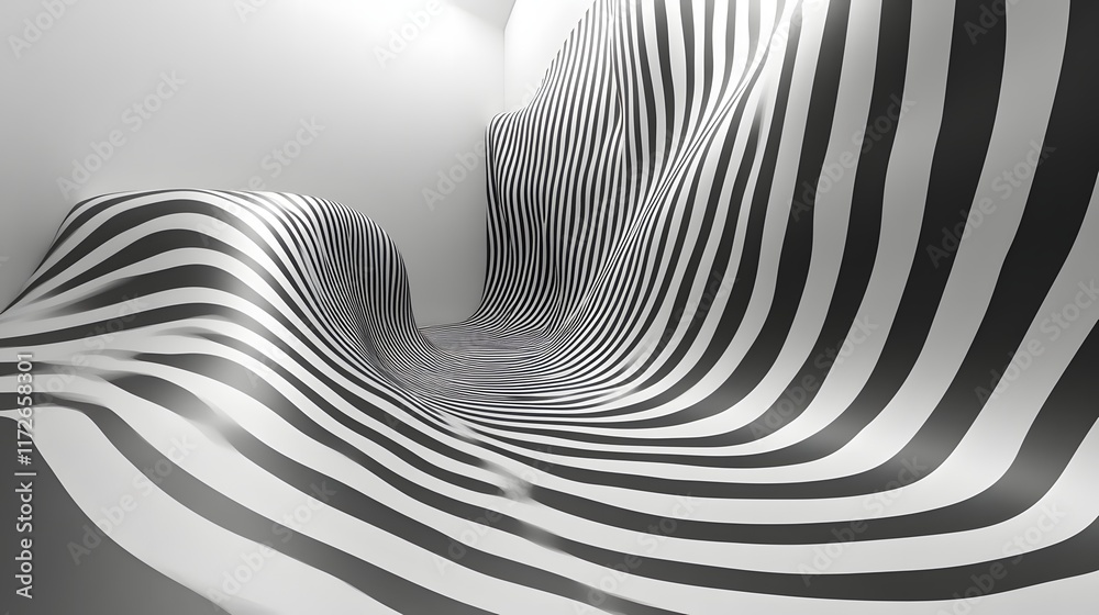 Poster abstract black and white backgrounds. a mesmerizing 3d rendering of black and white stripes creating
